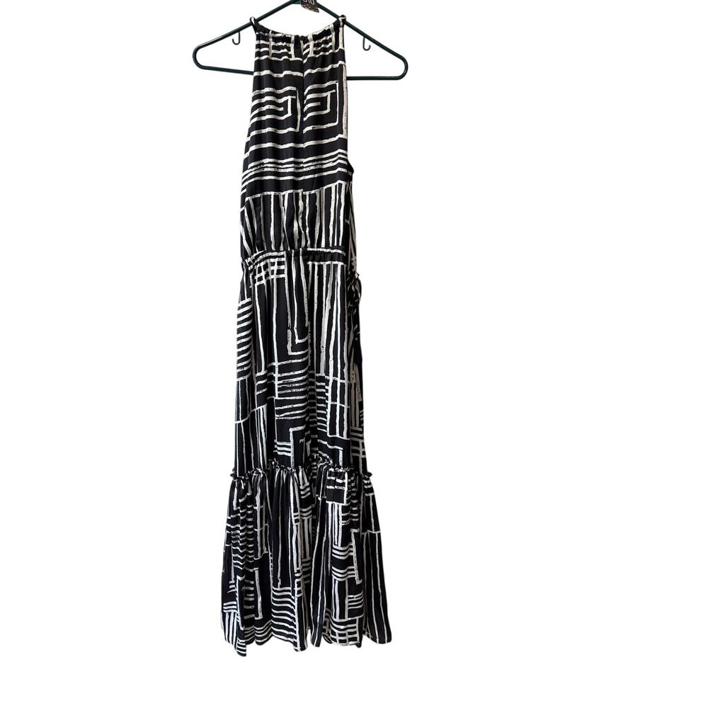 Chico's Size 4 Black and White Satin Geometric Maxi Dress - Picture 3 of 9